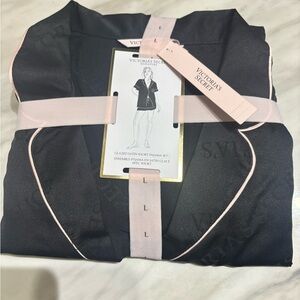 Victoria's Secret Black Satin Pajama Set with pink trim L